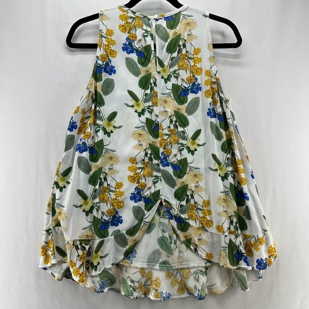 Karen Kane Ruffle Hem Tank Top Women M Round Neck Sleeveless Floral White Yellow - Picture 2 of 10